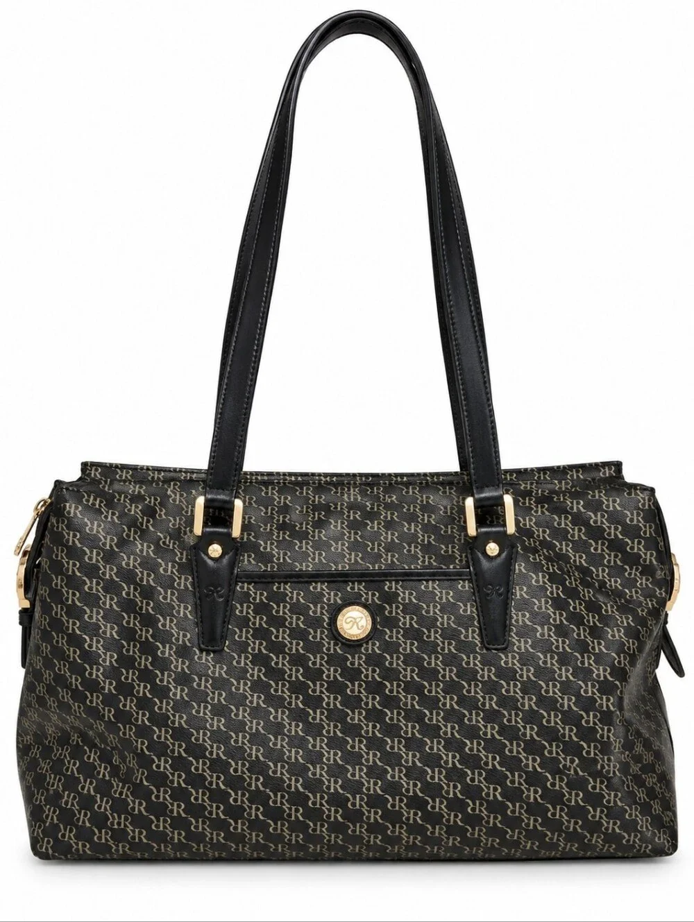 Rioni Moda Italia Tote Traveler Black Tan Monogram Gold Hardware, Wallet Combo
